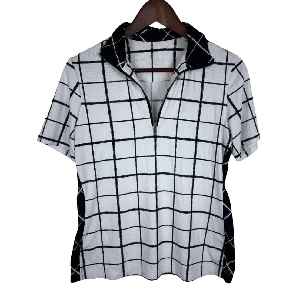 Tail White Label White Black Checker Short Sleeve Golf Tennis Shirt Women Medium